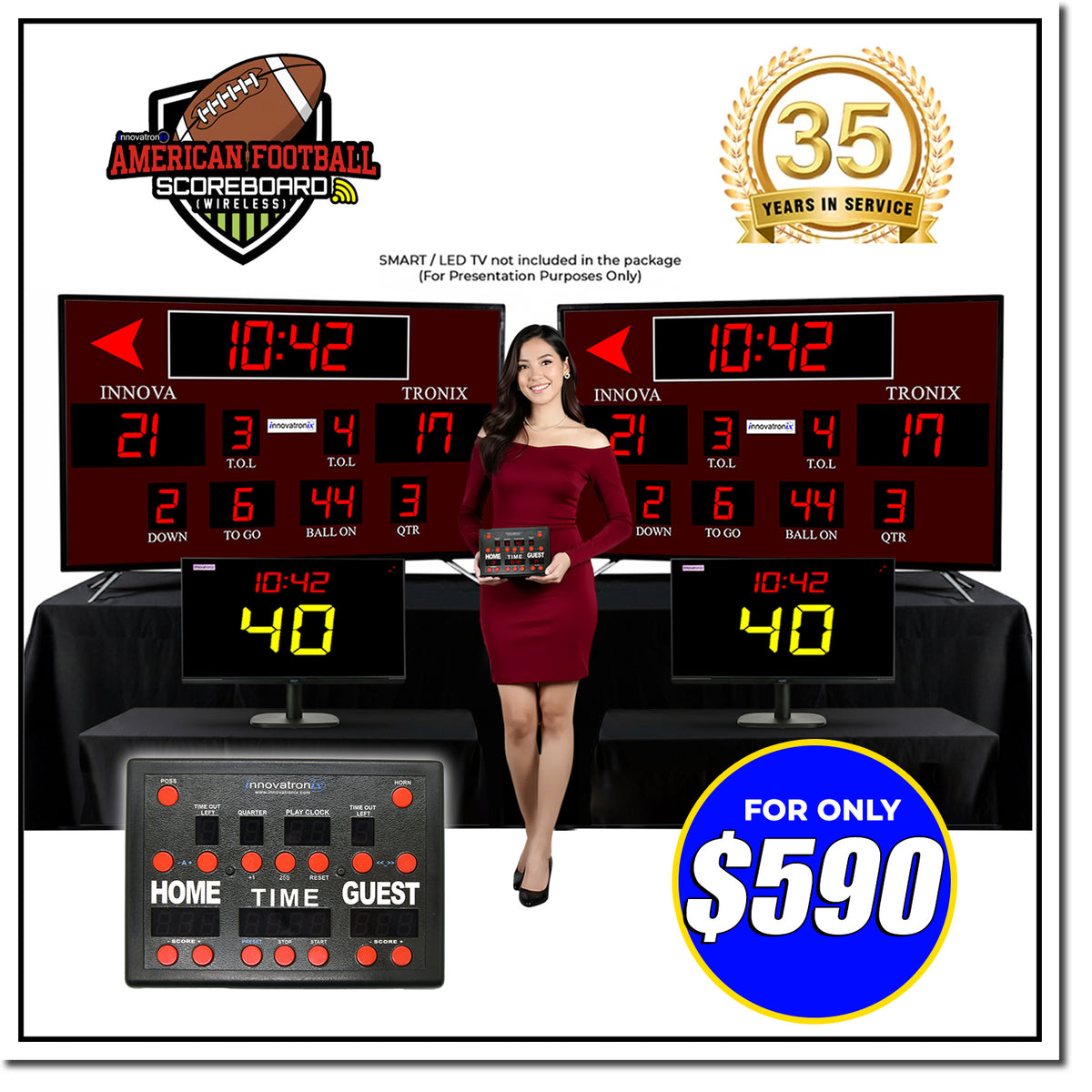 Innovatronix American Football Wireless Scoreboard Controller | Professional American Football Scoreboard System | Wireless Controller | HDMI TV Display (TV not Included) | 1-Year Warranty