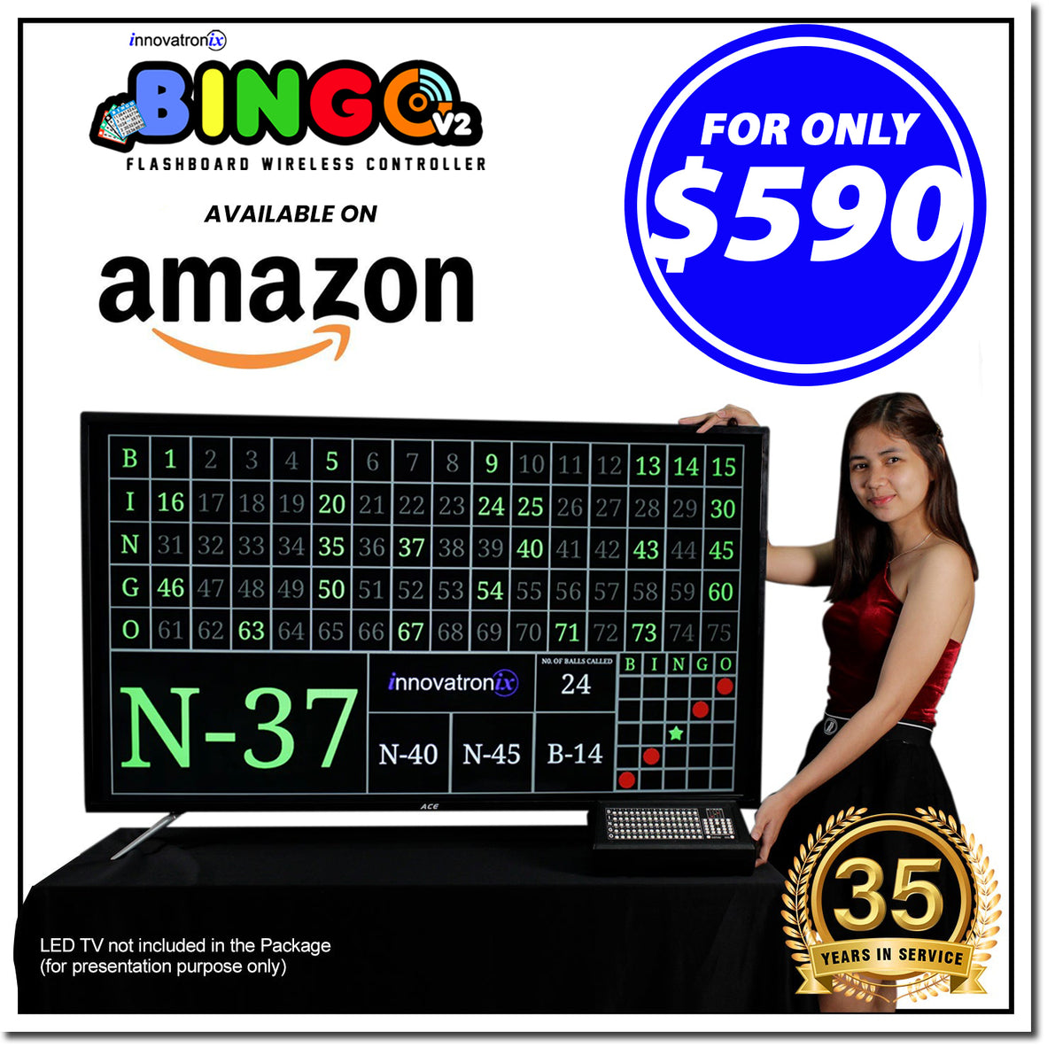 Innovatronix Bingo v2 Flashboard Wireless Controller (Now with Wi-Fi) - US version 75 Balls - Use for Games with 1 Year Warranty | TV NOT Included