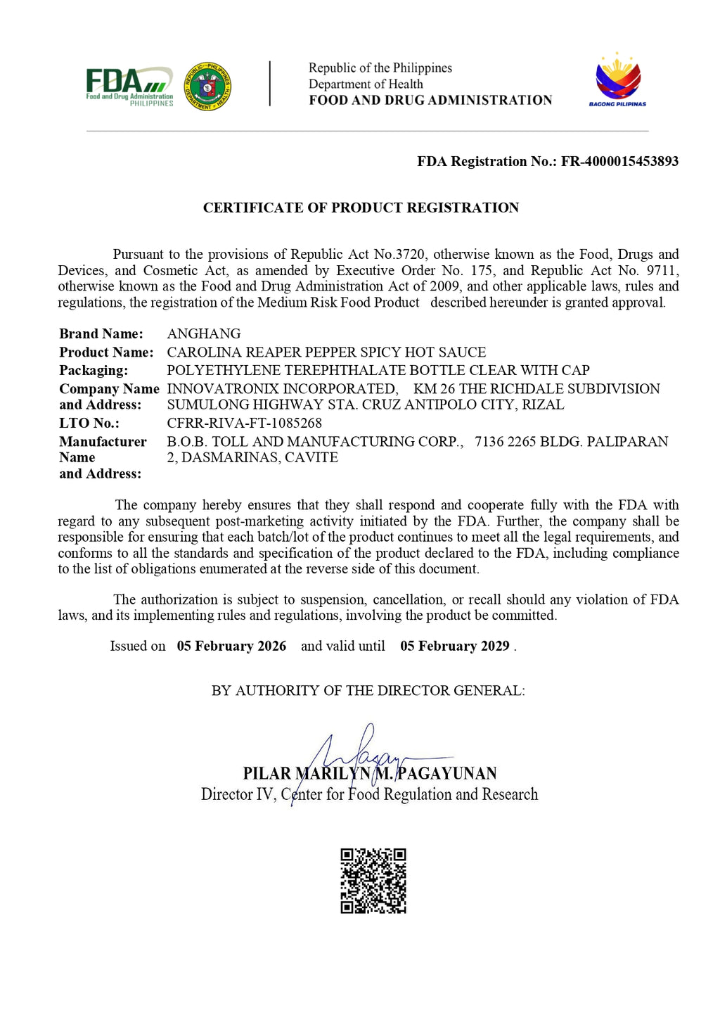Certificate of Product Registration from FDA with branding and contact information.