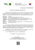Certificate of Product Registration from FDA with branding and contact information.