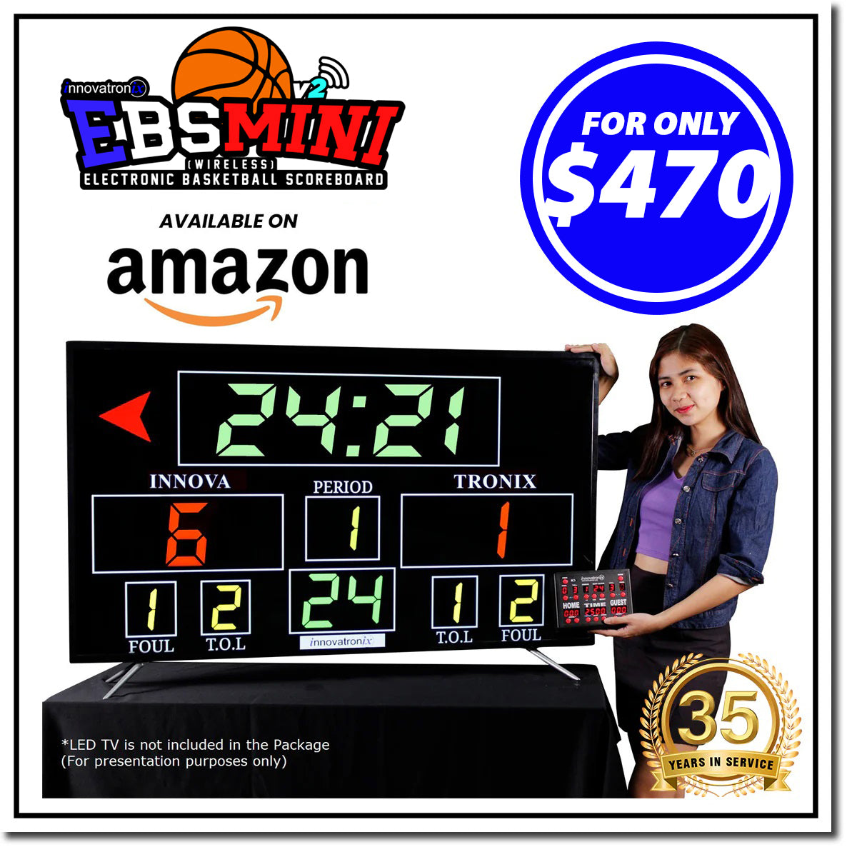 Innovatronix Electronic Basketball Wireless Scoreboard (Now with Shot clock and Wi-Fi) - EBS Mini v2 Wireless Controller - Used for Basketball, Volleyball, Wrestling and More with 1 Year Warranty | TV NOT Included