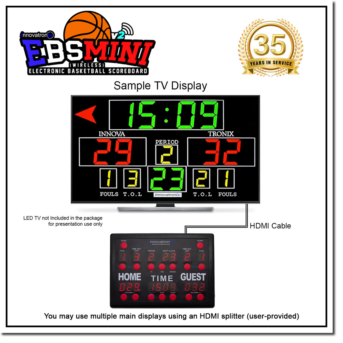 Innovatronix Electronic Basketball Wireless Scoreboard (Now with Shot clock and Wi-Fi) - EBS Mini v2 Wireless Controller - Used for Basketball, Volleyball, Wrestling and More with 1 Year Warranty | TV NOT Included