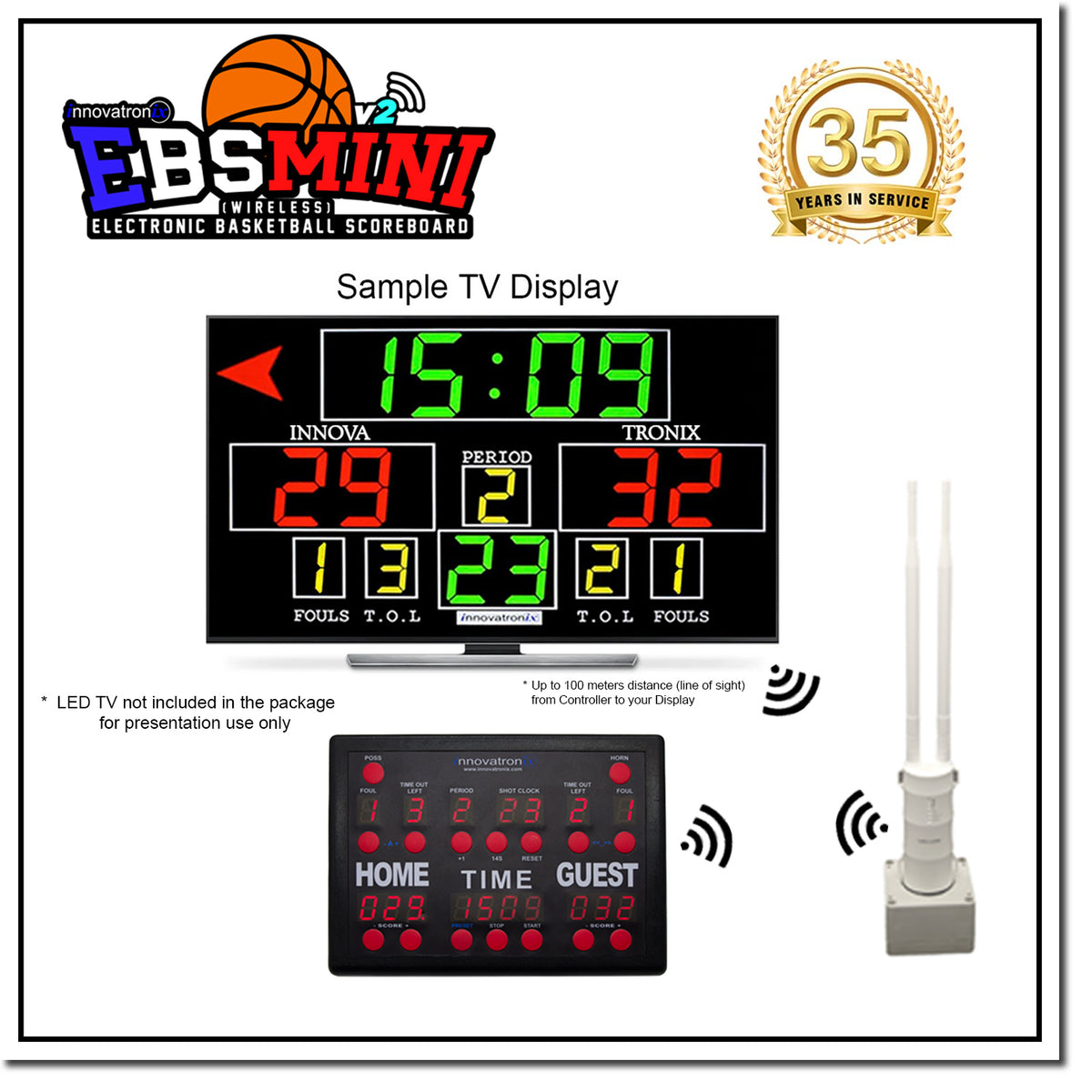 Innovatronix Electronic Basketball Wireless Scoreboard (Now with Shot clock and Wi-Fi) - EBS Mini v2 Wireless Controller - Used for Basketball, Volleyball, Wrestling and More with 1 Year Warranty | TV NOT Included