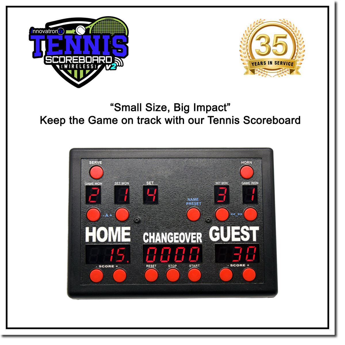 Innovatronix Tennis Scoreboard V2 Wireless Connection - Controller with 10 Meters / 32.8 Feet, 1 Meter / 3.28 Feet HDMI Cable and Type-C Power Supply - with 1 Year Warranty | TV NOT Included