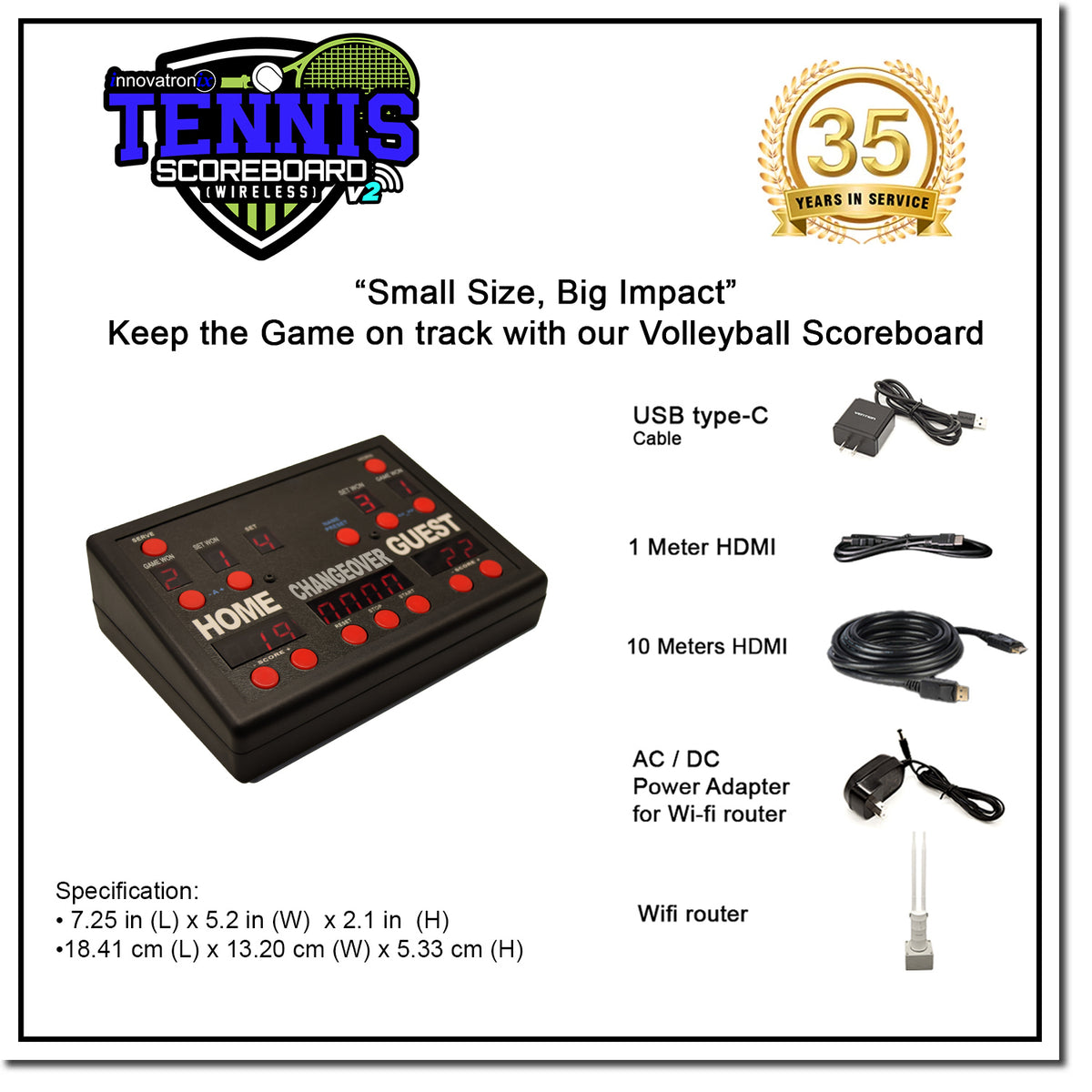 Innovatronix Tennis Scoreboard V2 Wireless Connection - Controller with 10 Meters / 32.8 Feet, 1 Meter / 3.28 Feet HDMI Cable and Type-C Power Supply - with 1 Year Warranty | TV NOT Included
