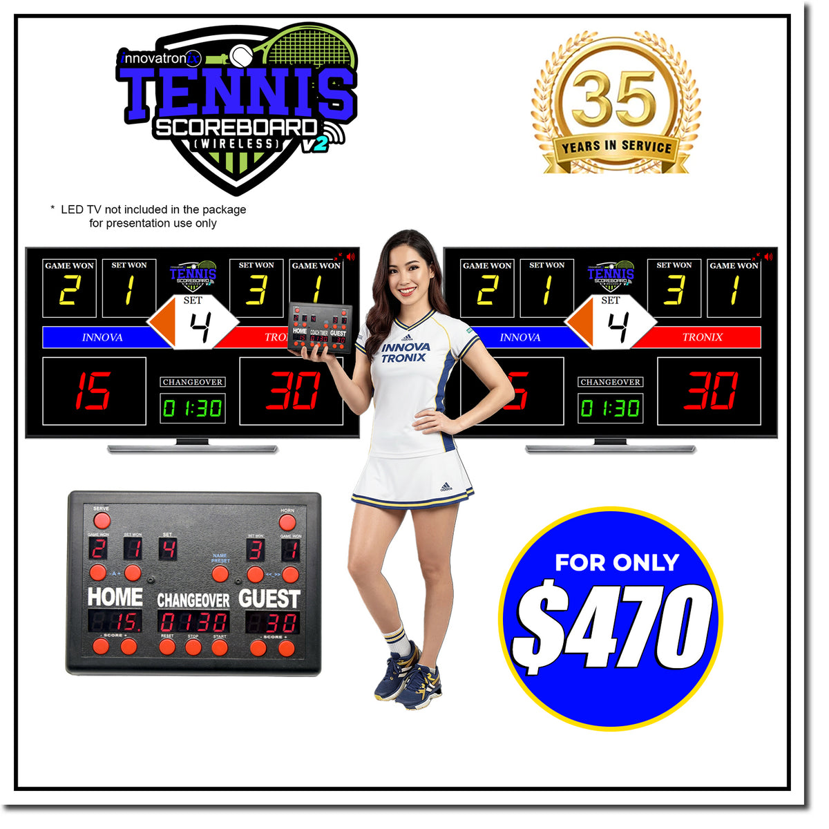 Innovatronix Tennis Scoreboard V2 Wireless Connection - Controller with 10 Meters / 32.8 Feet, 1 Meter / 3.28 Feet HDMI Cable and Type-C Power Supply - with 1 Year Warranty | TV NOT Included