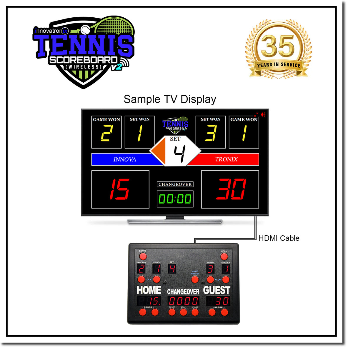 Innovatronix Tennis Scoreboard V2 Wireless Connection - Controller with 10 Meters / 32.8 Feet, 1 Meter / 3.28 Feet HDMI Cable and Type-C Power Supply - with 1 Year Warranty | TV NOT Included