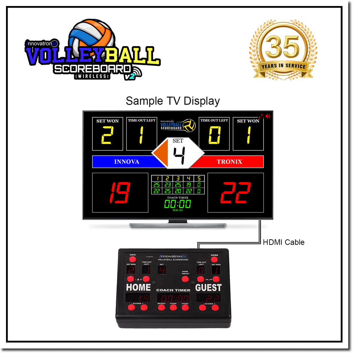 INNOVATRONIX Volleyball Scoreboard v2 Wireless Connection - Controller with 10 Meters / 32.8 Feet, 1 Meter / 3.28 Feet HDMI Cable and Typ-C Power Supply - with 1 Year Warranty | TV NOT Included