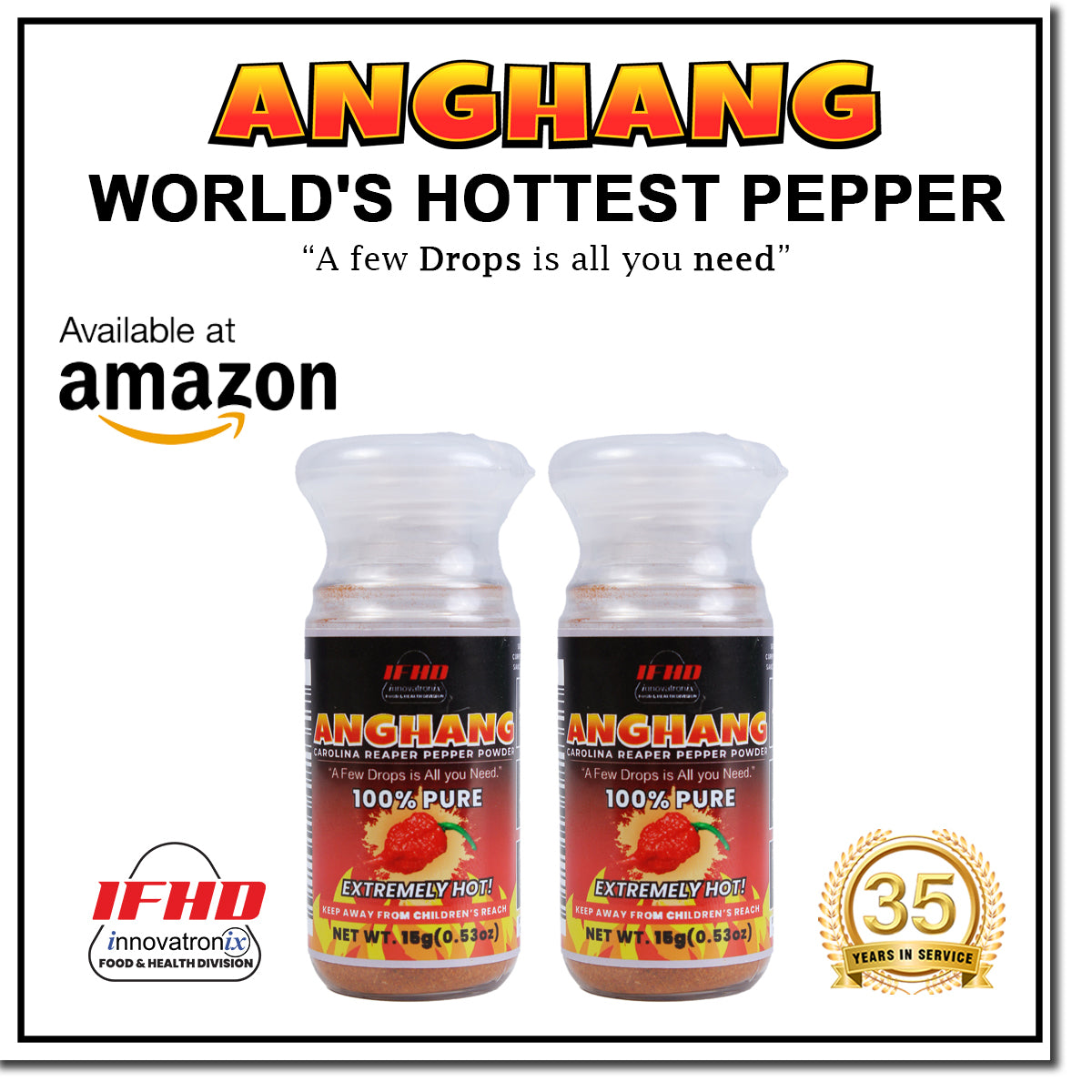 AVAILABLE IN AMAZON ONLY: Innovatronix ANGHANG Carolina Reaper Pepper Powder (100% Pure) - 2 BOTTLES OF (0.53 oz / 15 grams each) | World's Hottest Pepper