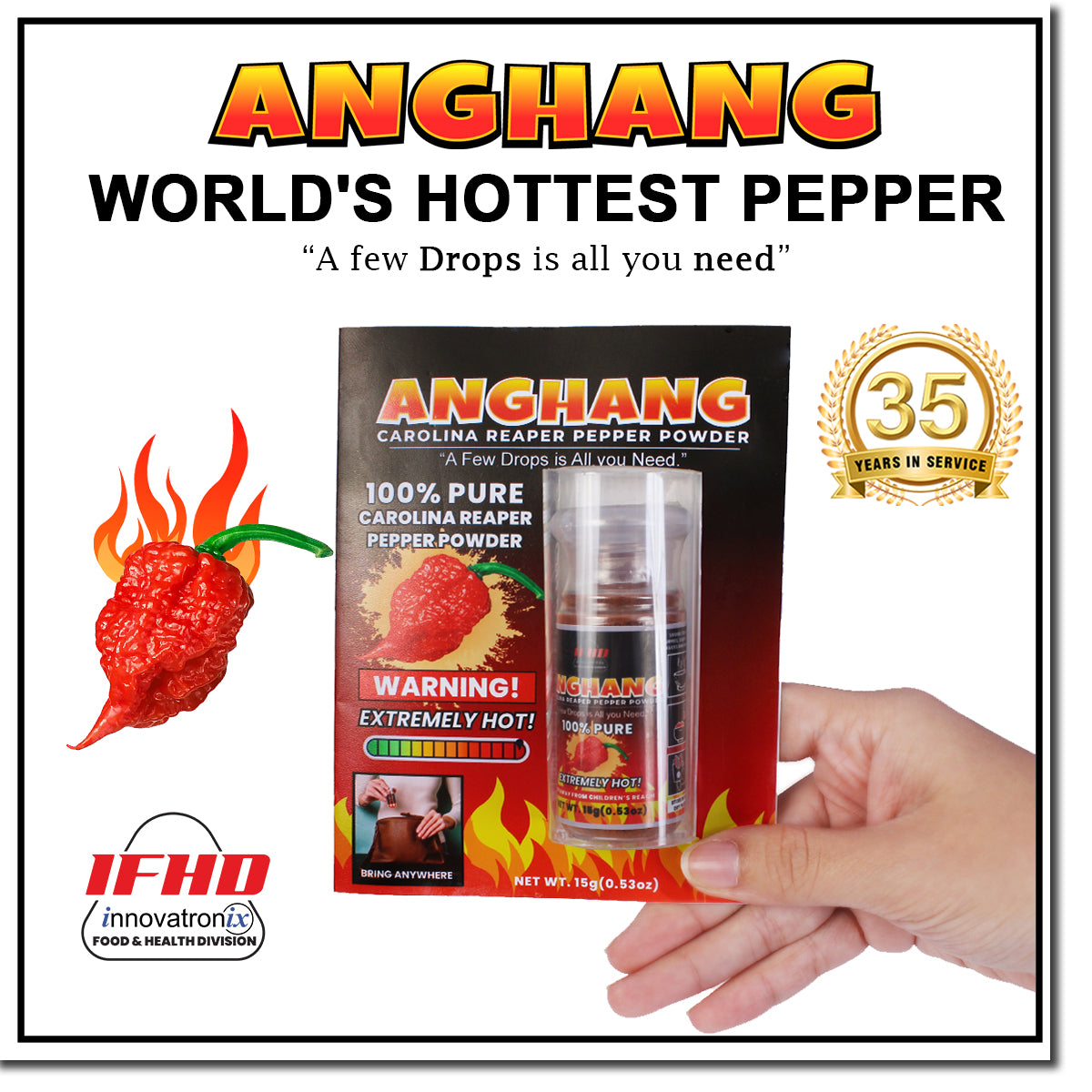 Innovatronix 100% Pure Carolina Reaper Pepper Powder (0.53 oz / 15 grams each) | World's Hottest Pepper | Box of 20 or Box of 100
