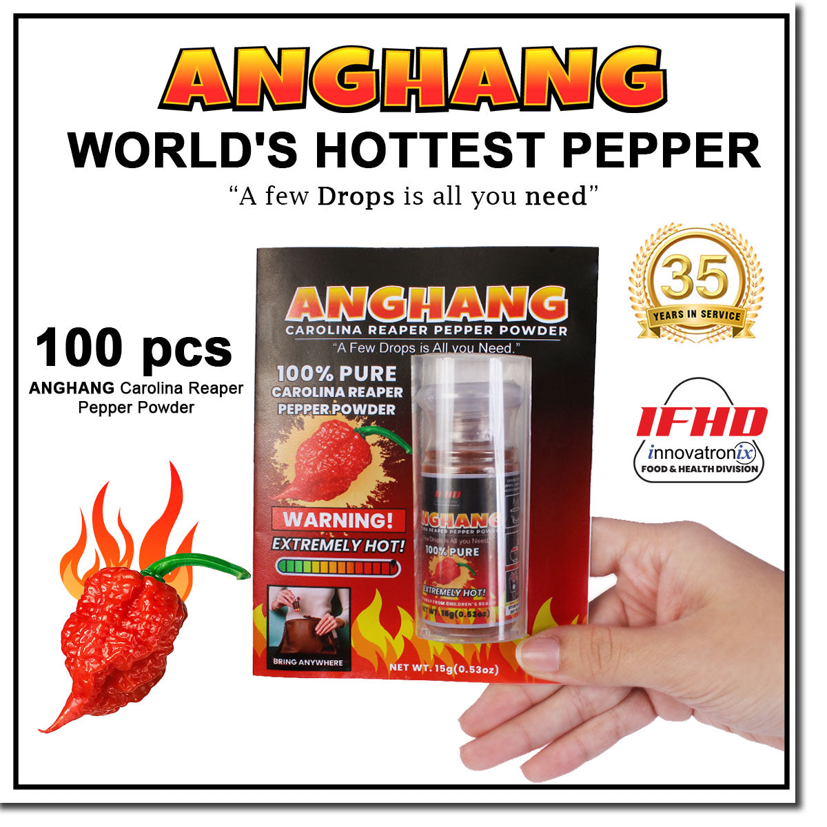 Innovatronix 100% Pure Carolina Reaper Pepper Powder (0.53 oz / 15 grams each) | World's Hottest Pepper | Box of 20 or Box of 100