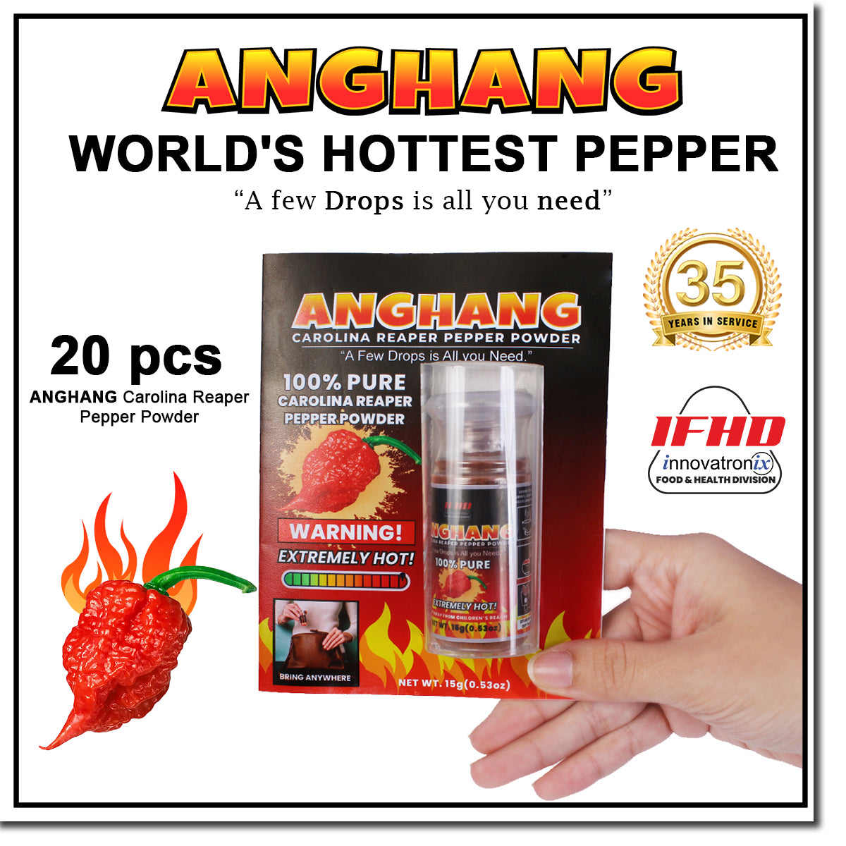 Innovatronix 100% Pure Carolina Reaper Pepper Powder (0.53 oz / 15 grams each) | World's Hottest Pepper | Box of 20 or Box of 100