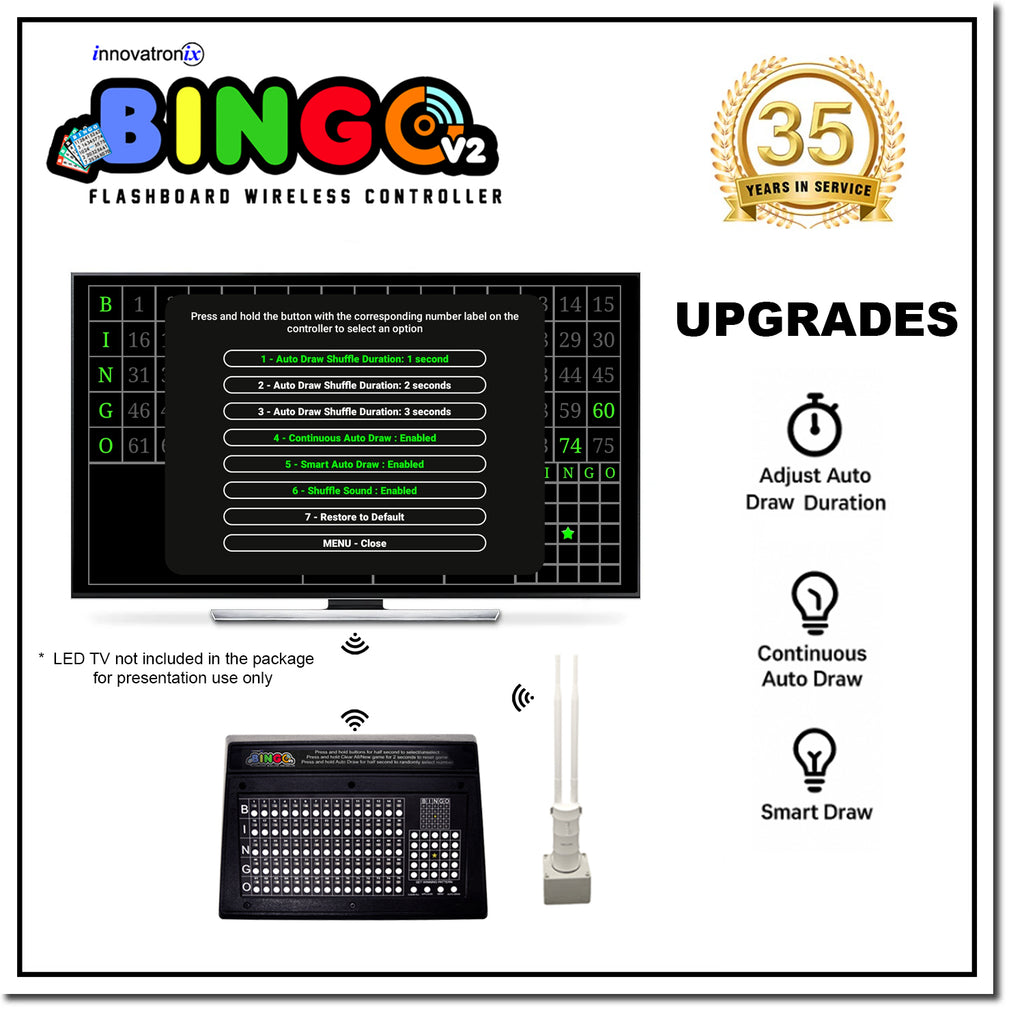 Innovatronix Bingo v2 Flashboard Wireless Controller (Now with Wi-Fi) - US version 75 Balls - Use for Games with 1 Year Warranty | TV NOT Included