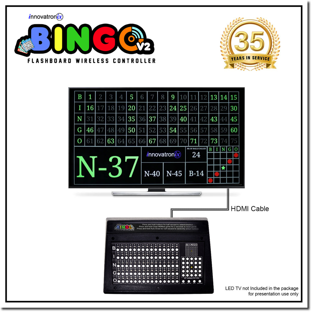 Innovatronix Bingo v2 Flashboard Wireless Controller (Now with Wi-Fi) - US version 75 Balls - Use for Games with 1 Year Warranty | TV NOT Included