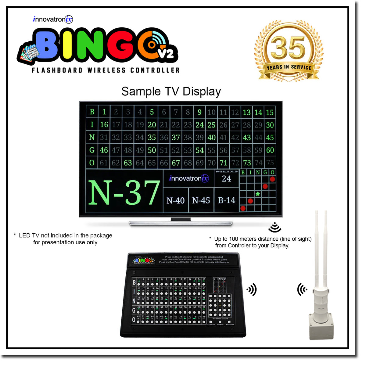 Innovatronix Bingo v2 Flashboard Wireless Controller (Now with Wi-Fi) - US version 75 Balls - Use for Games with 1 Year Warranty | TV NOT Included