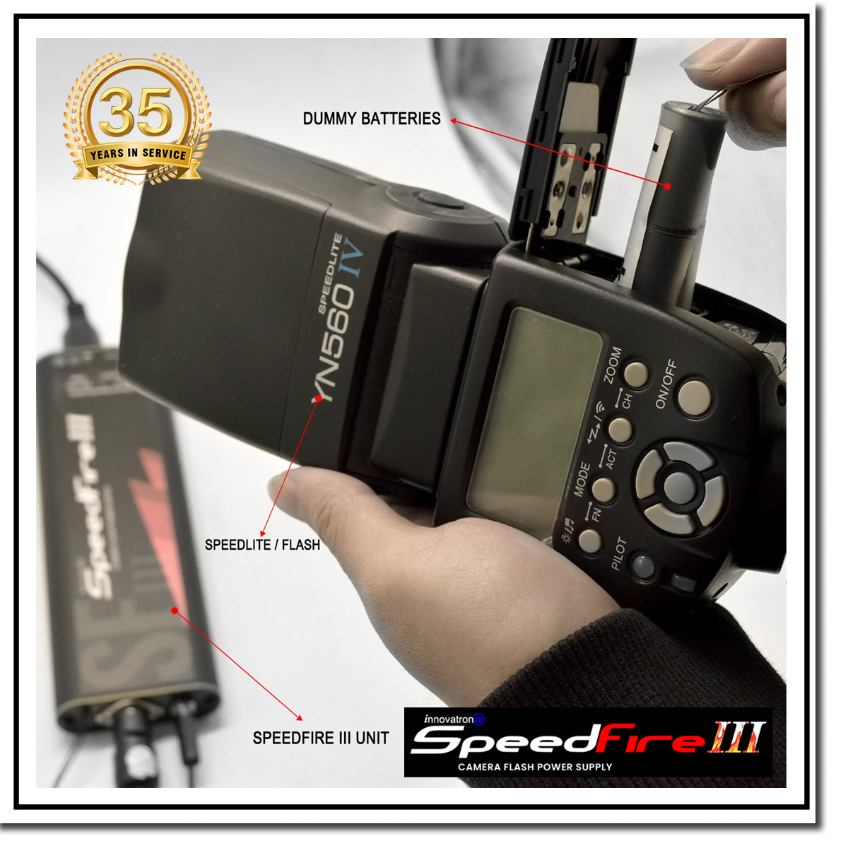 Innovatronix SpeedFire III External Power Supply for Speedlites with OFFSET CENTER PINS - SB-800, SB-900, SB-910, SB-5000, SB80DX, SB28DX, SB28, SB27, SB26, SB25, SB24. SB20, SB11, SB22, Voking VK750
