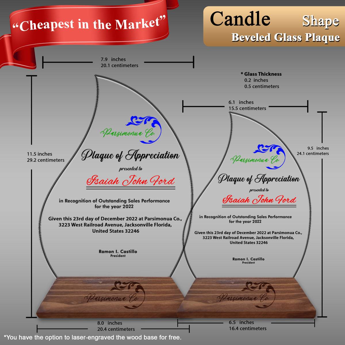 Innovatronix Personalized Laser Engraved Made of Premium Real Crystal Quality Glass 5MM Thick with Customizable Beveled  Wooden Base - Medium and Large