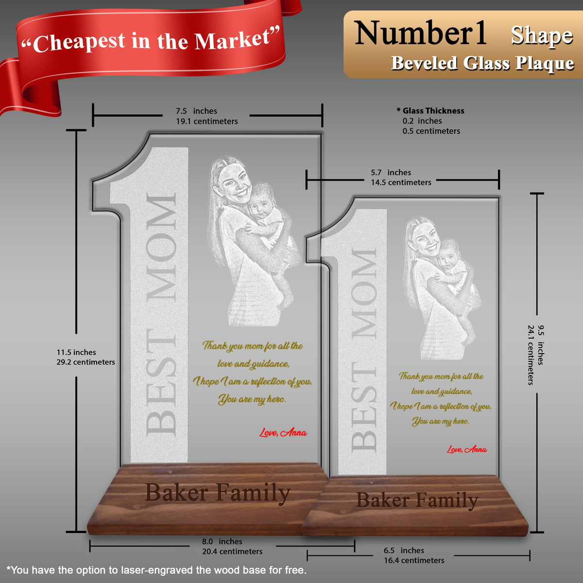 Innovatronix Personalized Laser Engraved Made of Premium Real Crystal Quality Glass 5MM Thick with Customizable Beveled  Wooden Base - Medium and Large