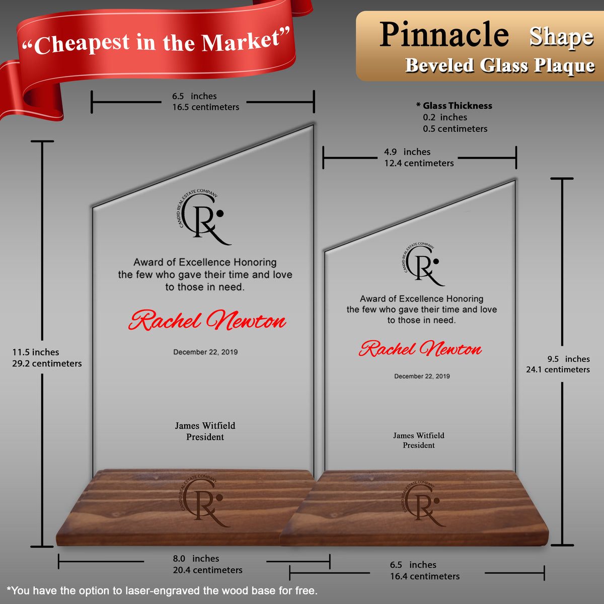 Innovatronix Personalized Laser Engraved Made of Premium Real Crystal Quality Glass 5MM Thick with Customizable Beveled  Wooden Base - Medium and Large