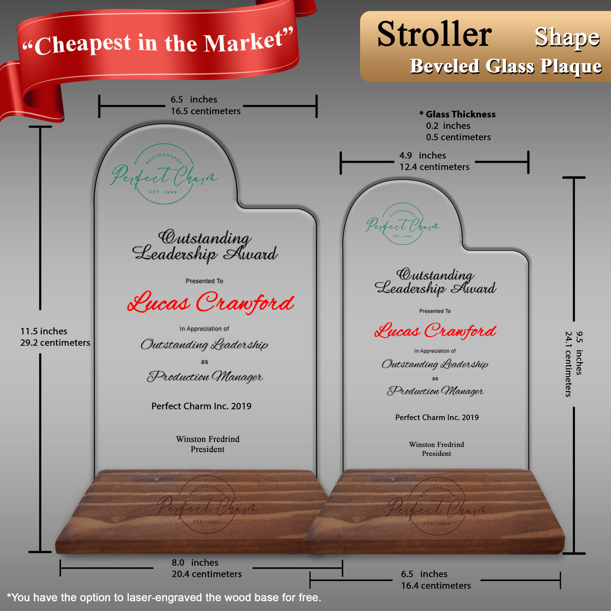 Innovatronix Personalized Laser Engraved Made of Premium Real Crystal Quality Glass 5MM Thick with Customizable Beveled  Wooden Base - Medium and Large