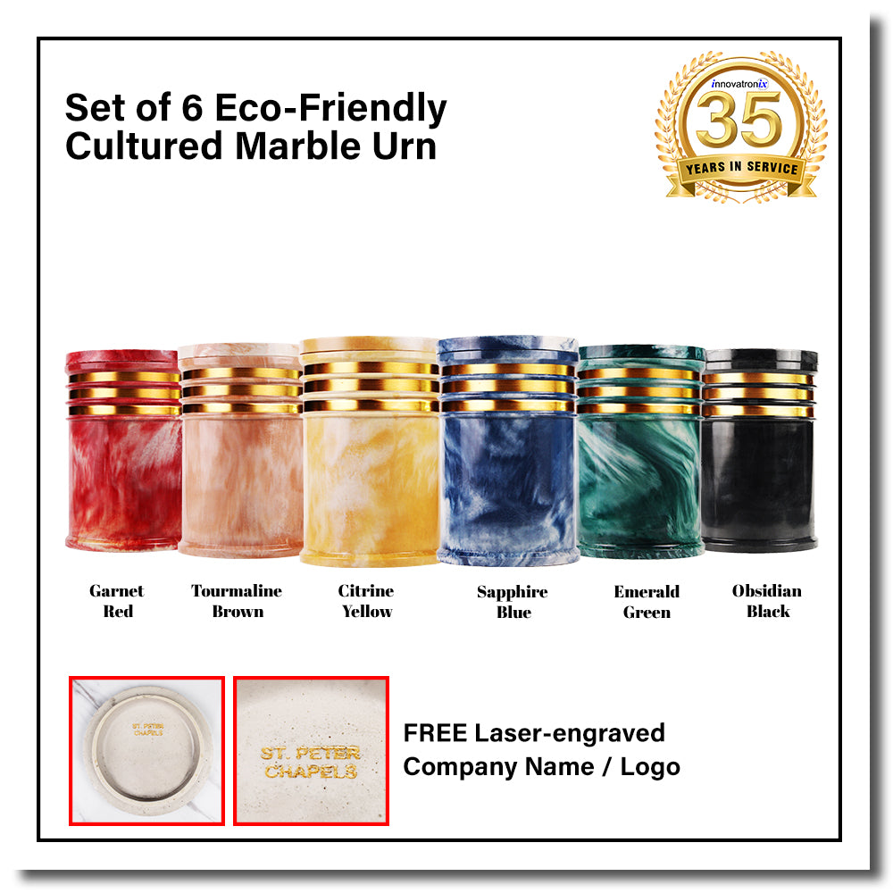 Innovatronix 6PCS Cultured Marble Urn - B2B Pricing Dealer Package Discounted - Adult Sized Cremation Urn for Human Ashes, Ground Burial, Home Memorial and Funeral Cremation Urn - With Laser-engrave