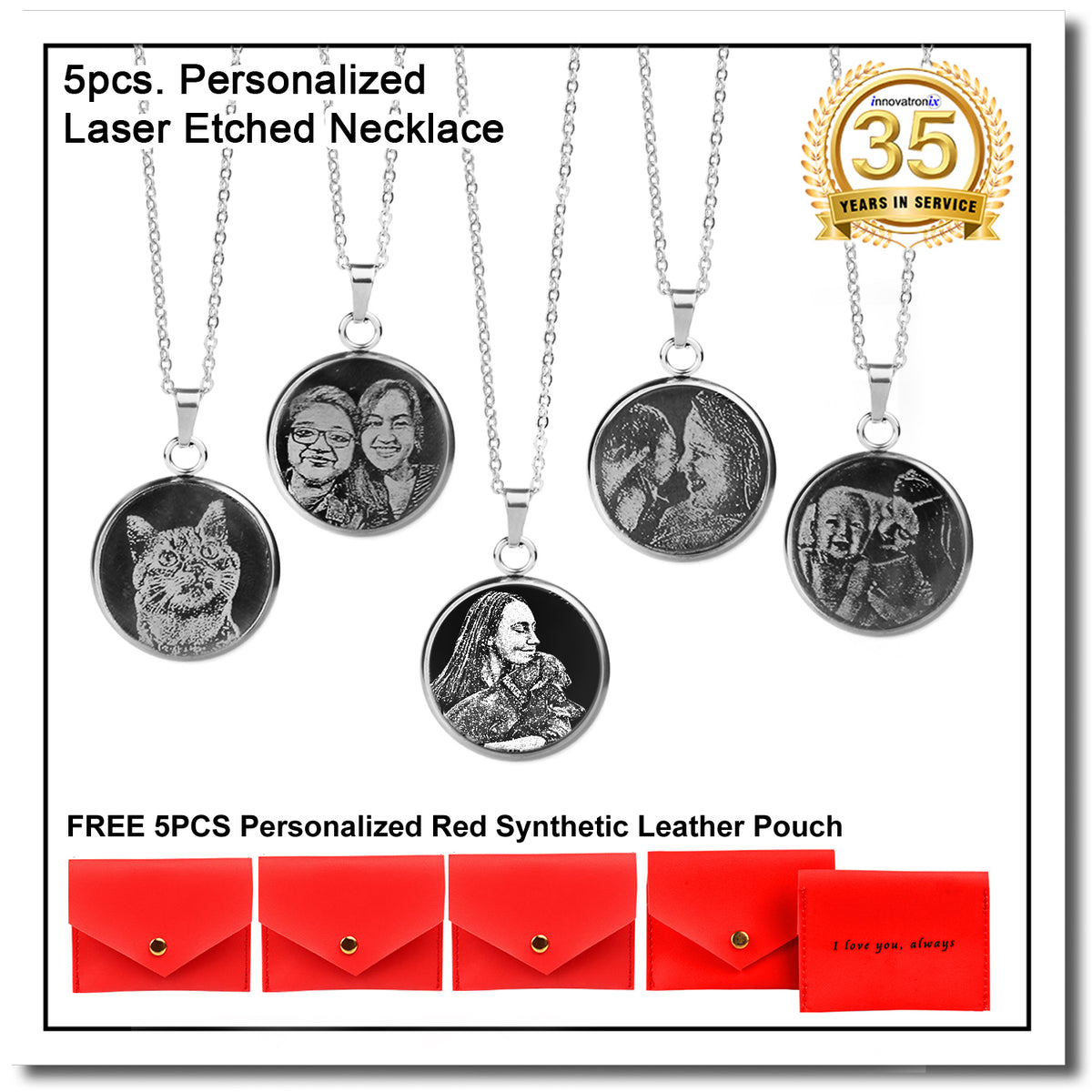 5PCS Personalized Stainless Silver Necklace - Laser-engraved - with Free 5pcs Personalized Red Synthetic Leather Pouch - FREE SHIPPING